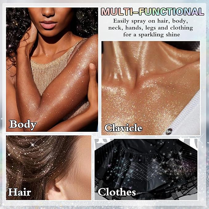 Body Glitter Spray, 60ML Shiny Silver Glitter Spray for Hair Body and Clothes,Long-Lasting Quick-Drying Holographic Ultra Fine Powder Glitter Hairspray for Festival Rave Stage Prom 2.11 Fl Oz