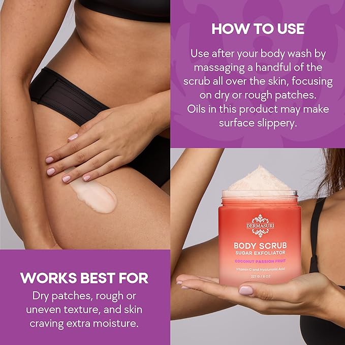 Dermasuri - Exfoliating Sugar Scrub - Body Scrubber for Men & Women - Exfoliates & Removes Dead, Dry Skin for a Soft & Radiant Glow - Deep Hydration & Moisture - Coconut Passion Fruit