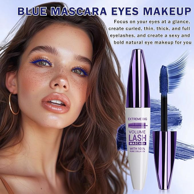 Blue Mascara for Eyelashes,5D Colored Mascara Volume and Length Waterproof,Natural Curling for Women Eye Makeup