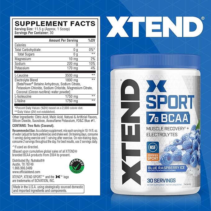 XTEND Sport BCAA Powder Blue Raspberry Ice - Electrolyte Powder for Recovery & Hydration with Amino Acids - 30 Servings