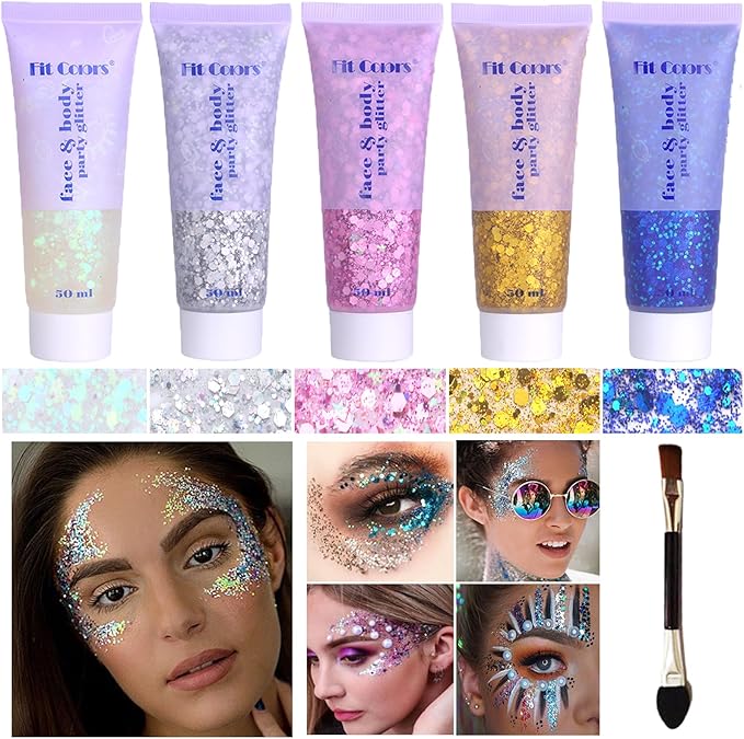 Body Glitter Face Glitter Gel: Singer Concerts Disco Festival Rave Accessories Face Glitter Makeup Chunky Sequins Mermaid Face Body Hair Glitter Gel (White&Silver&Pink&Gold&Blue)