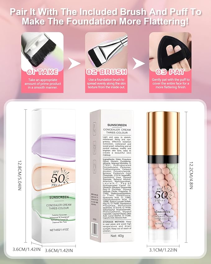 3 In 1 Primer for Face Before Makeup, SPF 50+++Sunscreen Isolation Cream One Step Concealer Color Corrector Primer Base,Moisturizing&Oil Control Skin Tone Correcting Foundation for Women Radiance Skin
