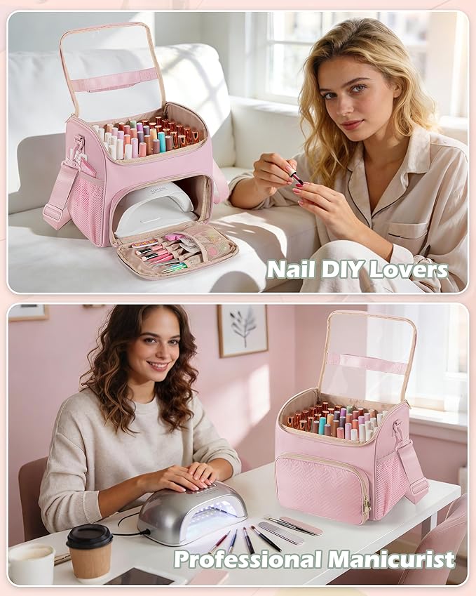 Nail Polish Organizer Bag Holds 42 Bottles(15ml/0.5 fl.oz), Double Layer Nail Storage Case for Gel Polish and Manicure Tools, Travel Nail Bag, Pink