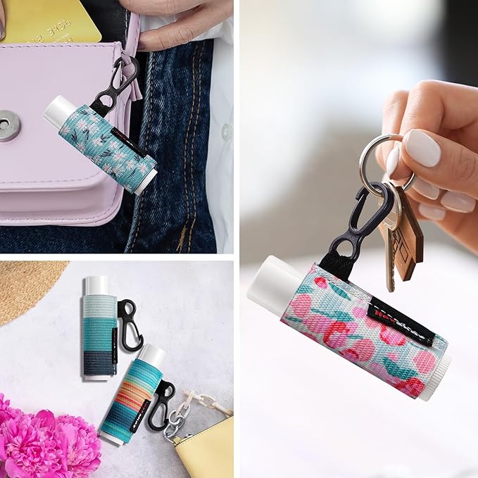 HEYSKAY 3PCS Lip Balm Holder Sleeves Keychain Chapstick Holder Keychain Lip Gloss Holder Keychain Chapstick Elastic Sleeves(Black/Color strip/Geometrical pattern)