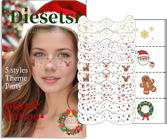 Christmas Glitter Face Tattoo,Diesetsr Body Glitter Christmas Face Tattoos Patches, Festival Rave Outfits for Women, Sparkle Patches for Kids, Party Festival Decorations,30 PCS