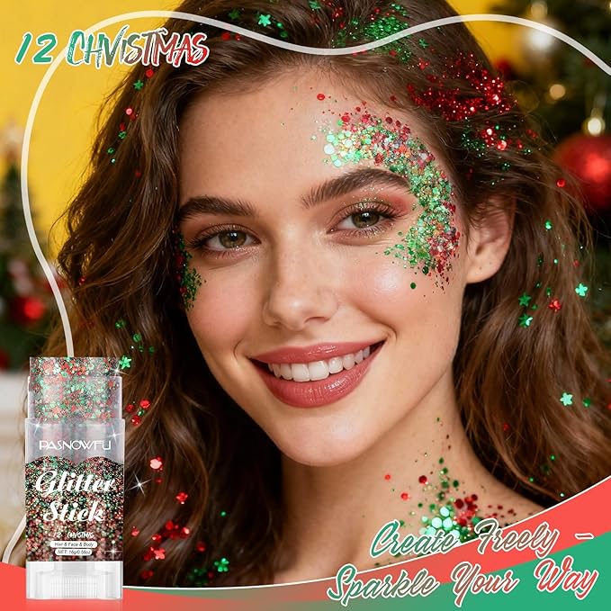 Christmas Body Glitter Stick, Red Green Face Glitter for Women and Girls, Holiday Accessories Hair Tinsel Stick for Christmas Party Makeup, Stage Performance New Year Celebration Events