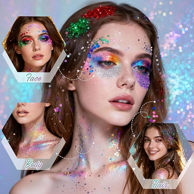 Rainbow Body Glitter Stick, Gel Formula Face and Hair Glitter for Women and Girls, Multi-Use Festival Concert Party Makeup for Stage Performance Cosplay Costume Events