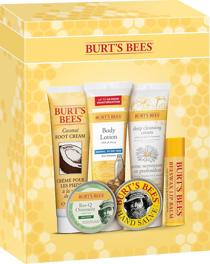 Burt's Bees Timeless Minis Kit, With Coconut Foot Cream, Milk and Honey Body Lotion, Deep Cleansing Cream, Res-Q Ointment, Hand Salve and Beeswax Lip Balm, Natural Origin Skin Care, 1 Kit