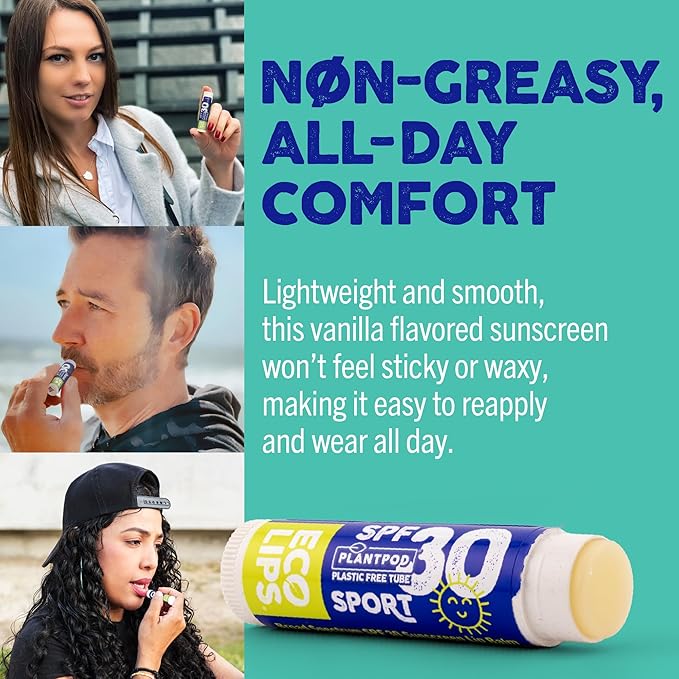 Eco Lips Classic Sport Broad Spectrum Sunscreen Lip Balm 6-Pack - Made in USA (Classic Vanilla SPF 30)