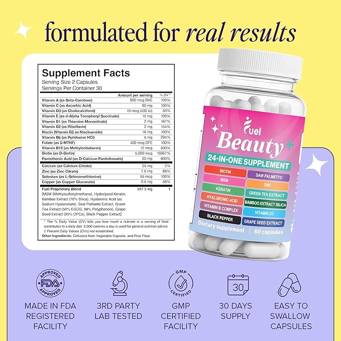 Fuel Beauty+ 24-in-1 Hair, Skin & Nails Vitamins for Women – 5000mcg Biotin, Hyaluronic Acid & Saw Palmetto – Daily Multivitamin for Hair Growth, Nail Strength & Skin Glow – 60 Capsules