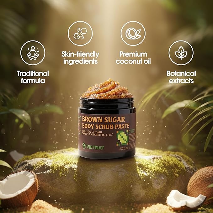 VIETNAT Exfoliating Brown Sugar Body Scrub with Coconut Shreds, Vitamins C, E & B5 – Softens & Refreshes Look of Skin – 8.8 oz