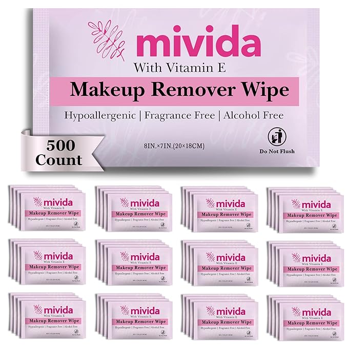 mivida 500 Count Bulk Individually Wrapped Makeup Remover Wipes with Vitamin E | Hypoallergenic, Fragrance-Free, Alcohol-Free makeup wipes | Bulk single make up removing wipes