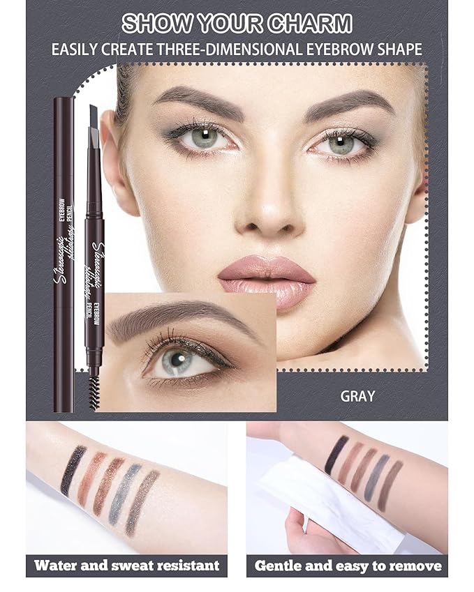 Berinist Waterproof Eye Brow Pencils for Women, 6Pcs Double-ended Grey Eyebrow Pencil with Razor Kit, Triangular Tip Design Makes it Easier to Define and Fill in Brows for a Natural Look