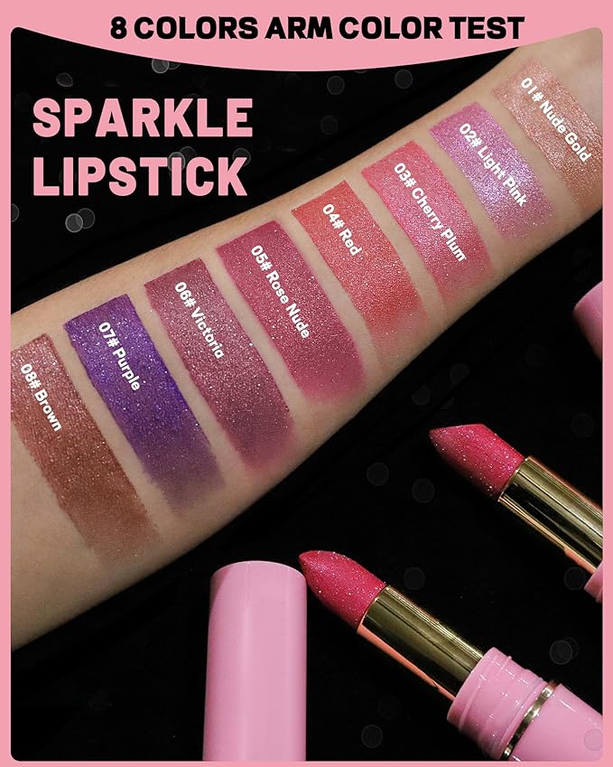 Metallic Nude Pink Glitter Lipstick Long Lasting,Glitter Lipstick Diamond Shimmer Lip Gloss for Women,Transfer Proof Non-Stick Lipgloss Highly Pigmented Full Coverage Red Lip Color Makeup Gift-02
