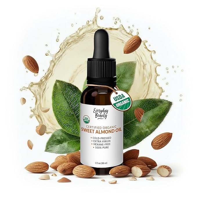 Organic Sweet Almond Oil | 100% Pure, Cold-Pressed, Unrefined | USDA Certified Organic | Amber Glass Bottle with Glass Dropper | For Face, Skin & Hair - 1 Fl Oz