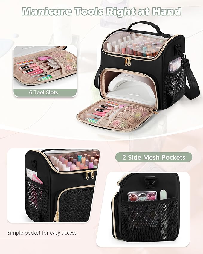 Nail Polish Organizer Bag Holds 42 Bottles(15ml/0.5 fl.oz), Double Layer Nail Storage Case for Gel Polish and Manicure Tools, Travel Nail Bag, Black