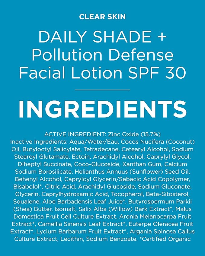 Andalou Naturals Clear Skin Mineral Face Sunscreen SPF 30 - Daily Shade Pollution Defense Facial Sunblock Lotion with Zinc Oxide - Lightweight, Non-Greasy, Non-comedogenic, Fragrance-Free - 2.7 fl oz