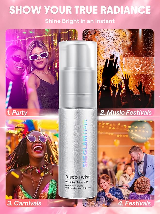 SHEGLAM Hair & Body Glitter Mist Spray - Shimmering Sparkle Makeup for Parties, Festivals, Cosplay, Halloween - Long Lasting, Non-Clogging, Easy Wash Off, 0.3 Fl Oz (Gold)