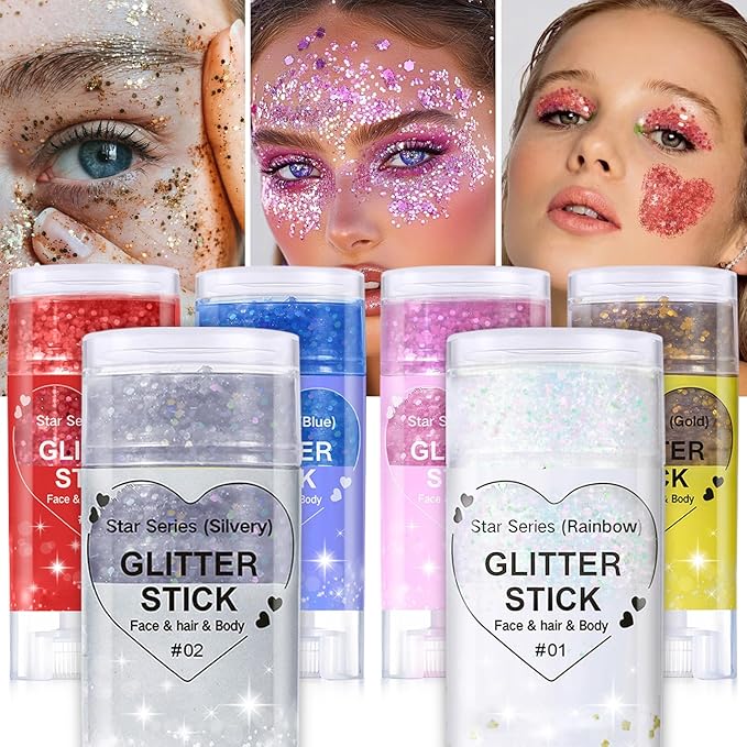 Halloween Body Glitter Stick, Waterproof Halloween Face Glitter Gel, Chunky Glitter Face Paint, Orange Purple Black Sequin Hair Glitter Makeup for Women and Kid (Pink)
