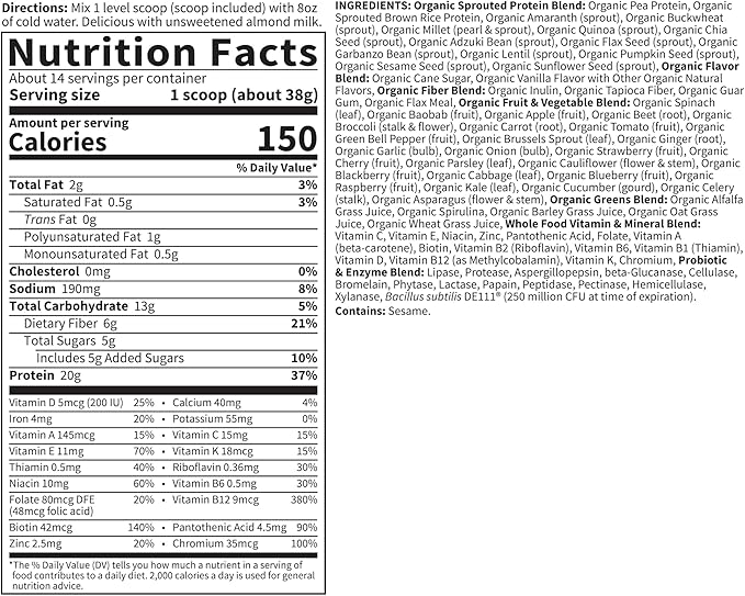 Garden of Life Meal Replacement Shakes, Vegan Protein Powder, Raw Organic Meal, Lightly Sweet Powder with Plant Based Pea Protein, Sprouts, Greens, Probiotics, Dairy Free 14 Servings