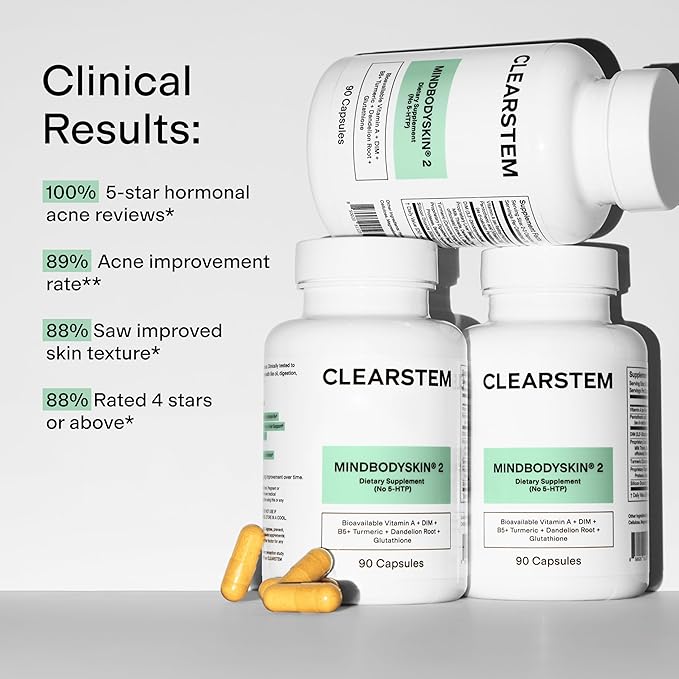 CLEARSTEM - MINDBODYSKIN Hormonal Acne Supplement (No 5-HTP) - Natural DIM Supplement - Skin Care Vitamins - Hormone Balance, Antioxidants - Gluten Free, Cruelty Free - 30 Servings, 90 Capsules