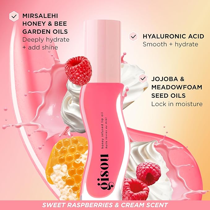 Gisou Honey Infused Hydrating Lip Oil, Nourishing Lip Moisturizer for Dry Lips (Raspberry Swirl)