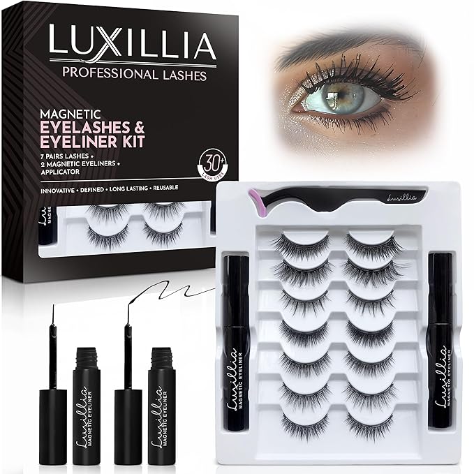 Luxillia Magnetic Eyelashes Kit – 10 Piece Magnetic Eyelash & Eyeliner Set with Applicator – Natural Look Easy Apply Reusable Fake Extension Lashes, No Glue – Pestañas Postizas Magnéticas Naturales