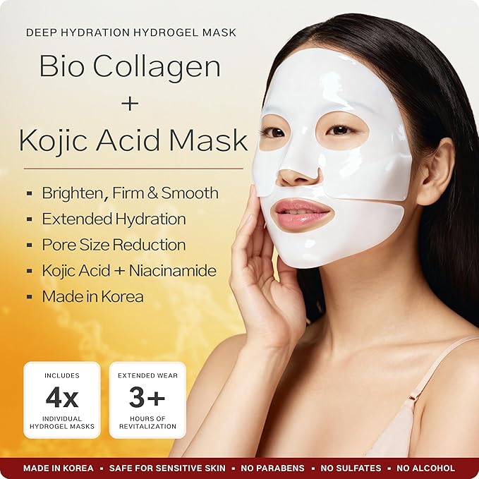 elurea Bio Collagen Mask + Kojic Acid Premium Hydrogel Face Mask (4 masks), Korean Mask for Luxury Beauty, Collagen Mask for Self Care, Korean Skincare, Hydrating Face Mask, Stocking Stuffers