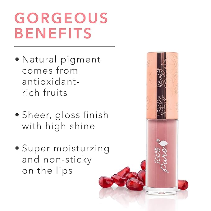 100% PURE Lip Gloss (Fruit Pigmented), Mauvely, High Shine, Moisturizing, Natural Lip Gloss, Sheer Finish, Tinted Lip Gloss w/Cocoa Butter, Vitamin E (Rosy Mauve Color) - 0.14 Fl Oz