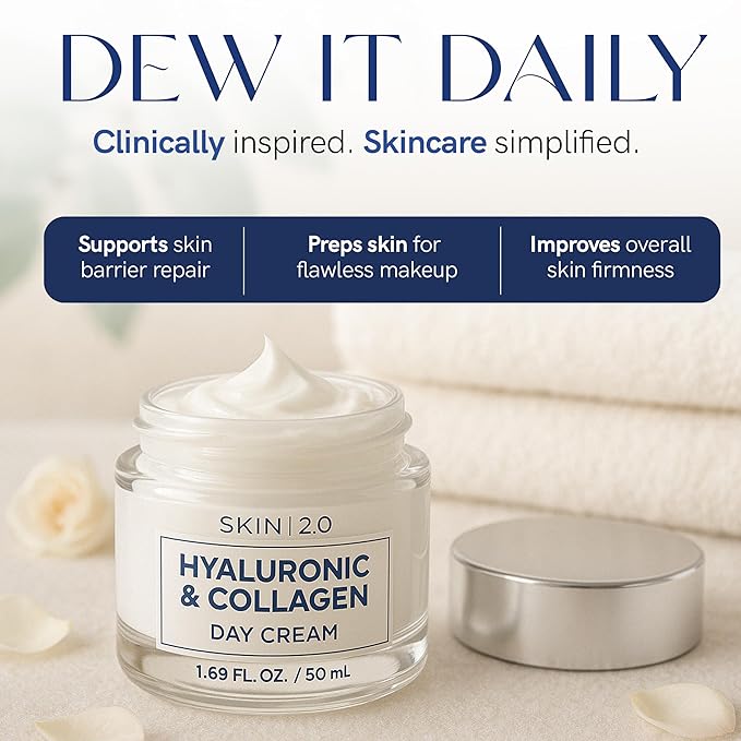 Skin 2.0 Hyaluronic Acid & Collagen Face Moisturizer – Deep Hydration, Firming & Anti-Aging Day Cream For Dry Skin – Dermatologist Tested, Korean Skin Care For All Skin Types, Clean Beauty – 1.69 Oz