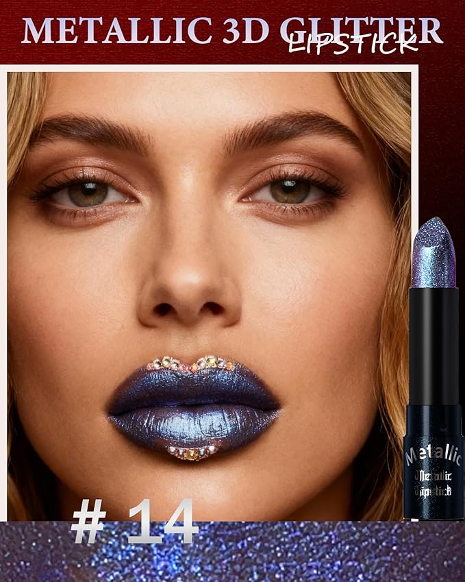 Glitter Dark Blue Metallic Lipstick for Women,Long Lasting Shimmer Sparkling Diamond Lipstick Glitter High Pigmented Lip Gloss Metallic Matte Red Lip Color Stain Waterproof Halloween Lips Makeup-14