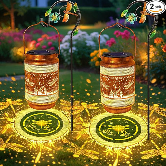 2 Pack Dragonfly Solar Lanterns Outdoor Waterproof Solar Garden Decor, Birthday Gifts for Christmas Women Mom Grandma, Metal Hanging Lights with Shepherd Hook for Outside Yard Patio Pathway Porch