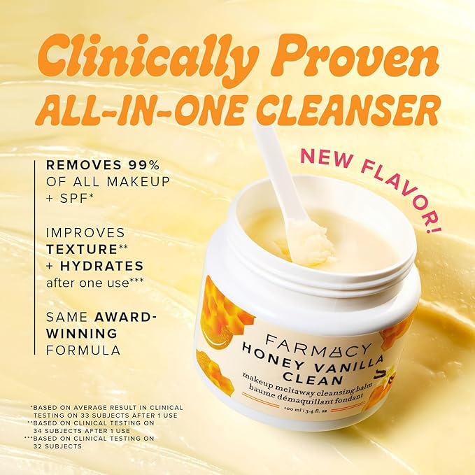Farmacy Makeup Remover Cleansing Balm - Honey Vanilla Waterproof Makeup Remover & Oil Based Cleanser - Gentle Exfoliating Double Cleanser - Melts From Balm to Milky Lather (100ml)