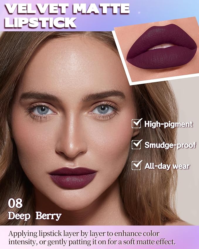 Matte Lipstick, Velvet purple Lip Stick Crayon Pencil, Waterproof Long Wear Lipstick 24 Hour High Pigmented, Smudge-proof Non-stick Hydrating Natural Lipgloss Christmas Day Makeup gift for Women-08