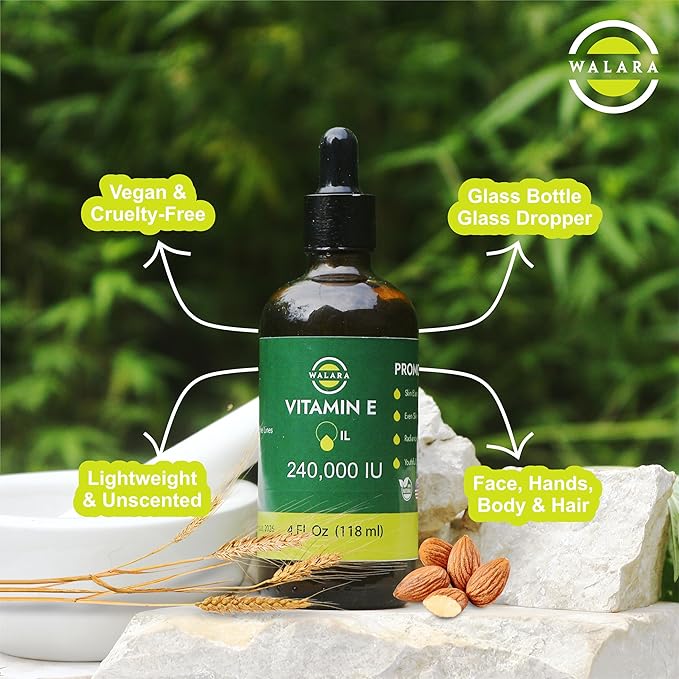WALARA Vitamin E Oil 100% Pure 240,000 IU (4oz) | Natural, Non-GMO, for Skin, Hair, Premium Vitamin E Oil is 100% Pure & Natural