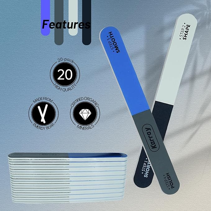 Karroy Nail File and Buffer for Natural Nails Dual Sided 4 Steps Shorten-Shape-Smooth-Polishing Nail Tools 20pcs