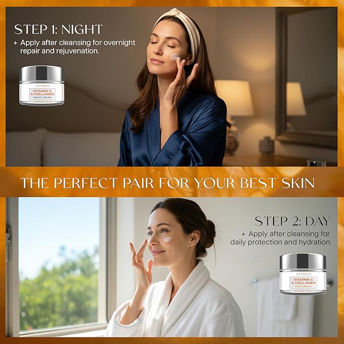 Skin 2.0 Vitamin C & Collagen Face Moisturizer – Anti Aging Day & Night Cream for Smooth & Radiant Skin, Firms & Restores Dull Complexion – Dermatologist Tested, Korean Skin Care Set, Vegan – Duo Pack