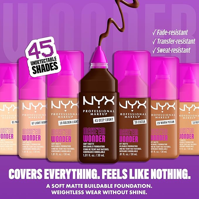 NYX PROFESSIONAL MAKEUP Make 'Em Wonder Liquid Foundation, 24HR Foundation Makeup With A Soft Matte Finish, Buildable Full Coverage - 26 Honey