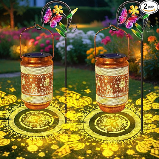 2 Pack Butterfly Solar Lanterns Outdoor Waterproof Solar Garden Decor, Birthday Gifts for Christmas Women Mom Grandma, Metal Hanging Lights with Shepherd Hook for Outside Yard Patio Pathway Porch