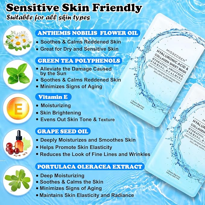 MISSEDSEN Collagen Face Mask with Hyaluronic Acid, Vitamin E Oil for Skin Care Hydrating, Moisturizing, Brightening & Anti Aging Face Masks Skincare for Oil, Dry, Acne, Sensitive All Skin Types 12PCS