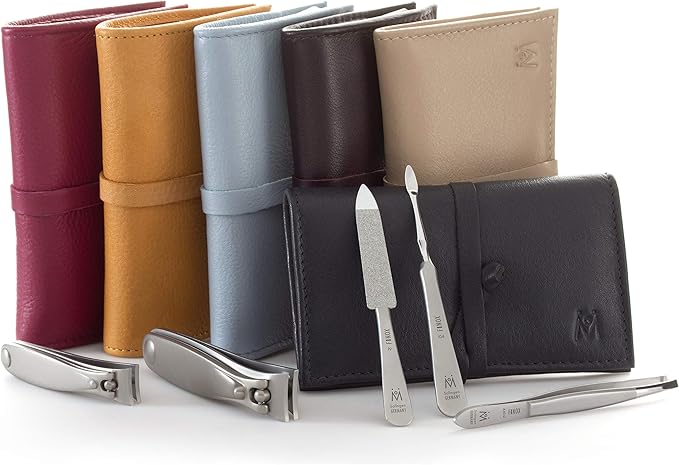 GERMANIKURE 5pc Manicure Set in Beige Leather Case - Made in Solingen Germany, FINOX Stainless Steel Tools – Professional Quality Compact Nail Grooming Kit