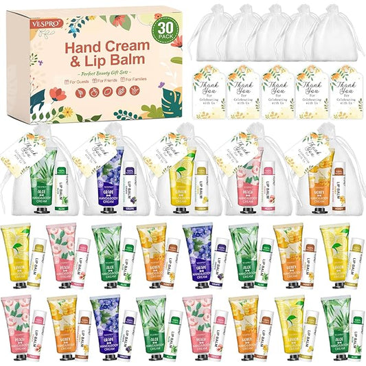 30 Pack Bulk Hand Cream and Bulk Lip Balm Sets, Valentines Day Gifts, Wedding Favors for Guests with Thank You Card and Organza Bags, Mothers Day Gifts, Teacher Appreciation Gift and Nurse Gift
