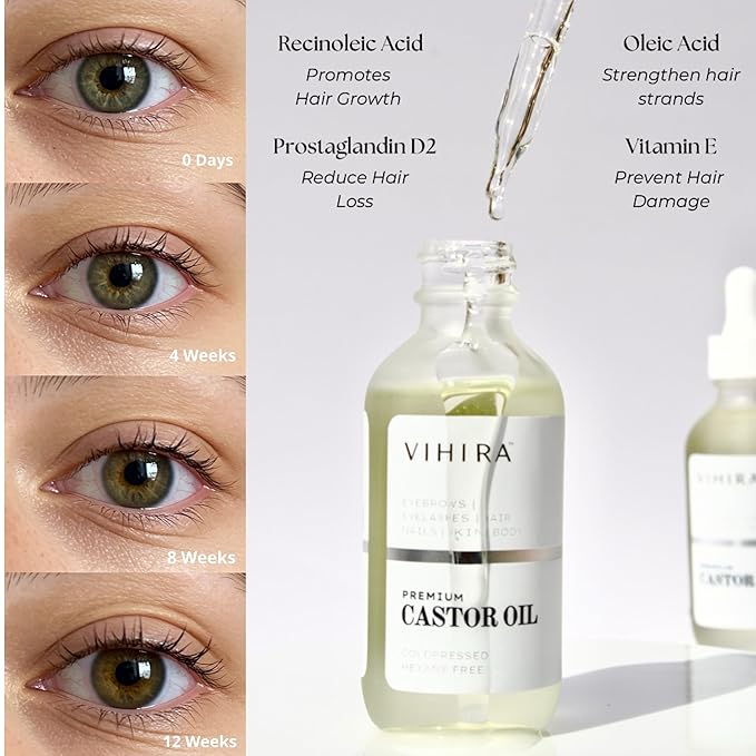 Vihira Organic Golden Castor Oil (2 Fl Oz | Premium Grade), True Cold Pressed, 100% Pure, Extra Virgin, Hexane Free, for Hair, Eyelash, Eyebrow, Cuticles, Nails, Skin, Belly Button & More.