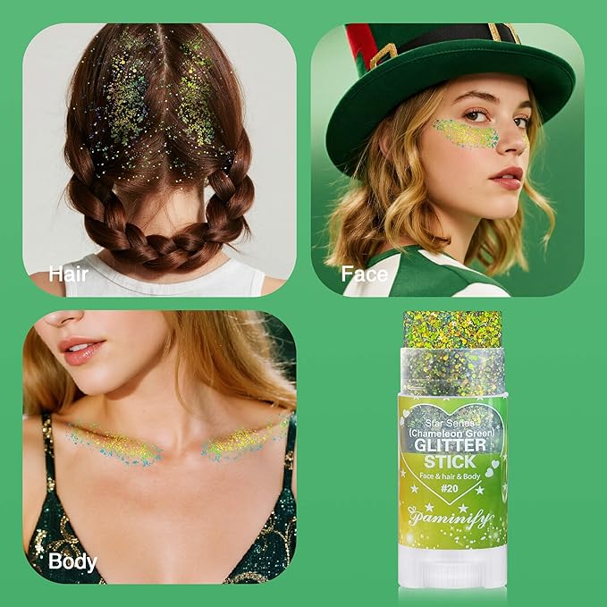 Chameleon Green Body Hair Glitter Stick,Gold Green Face Glitter Elphaba Costume Accessories,Waterproof Shimmer St Patrick's Day Outfit for Women,Mardi Gras Rave Singer Concert Makeup