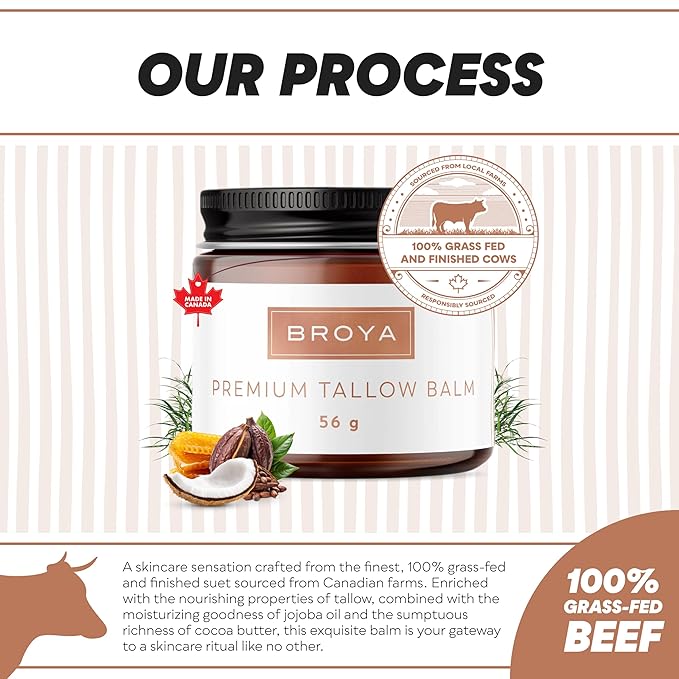 BROYA Premium Tallow Balm - Grass-Fed and Finished Beef Tallow for Skin with Jojoba Oil, Cocoa Butter and Vitamin E - Multi-Purpose Beef Tallow for Face, Body, and Lips - 56g