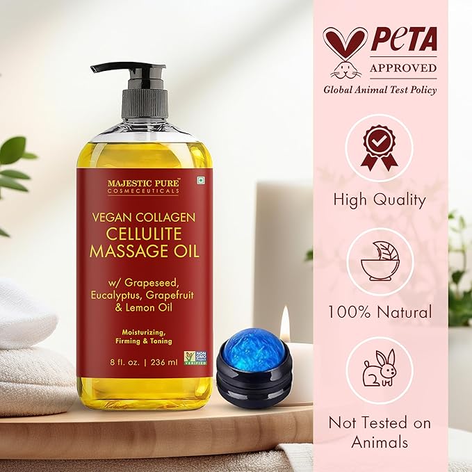 Majestic Pure Firming Body Massage Oil with Collagen – Helps Smooth The Appearance of Cellulite & Improve Skin Texture – Refreshing Aromatherapy Body Oil for Legs & Full Body – 8 Fl Oz, with Roller
