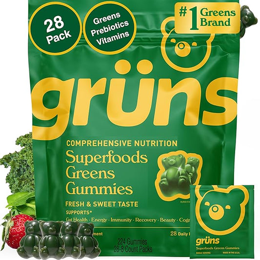 Gruns Adults Super Greens Multivitamin Gummies, Superfood Vitamin Gummy Bears with Spirulina, Chlorella, Prebiotic Fiber for Digestive Health, Adaptogens Supplement, 20 Vitamins & Minerals, 28 Count
