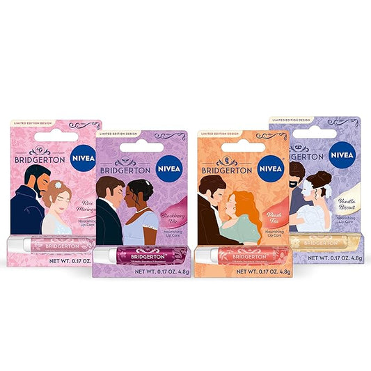 NIVEA Lip Care, Bridgerton Limited Edition Moisturizing Lip Balms with Shea Butter, Blackberry Pie, Peach Tea, Rose Meringue, and Vanilla Biscuit, Four 0.17 Oz Sticks