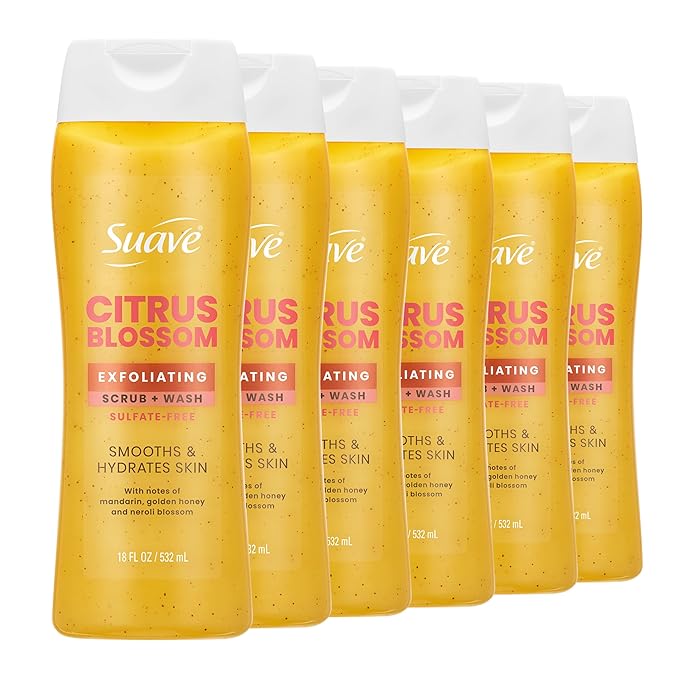 Suave Citrus Blossom Exfoliating Body Wash & Scrub with Glycerin & Vitamin E, Sulfate-Free Hydrating Cleanser for Soft, Smooth Skin, 6 Count, 18 FL OZ EA