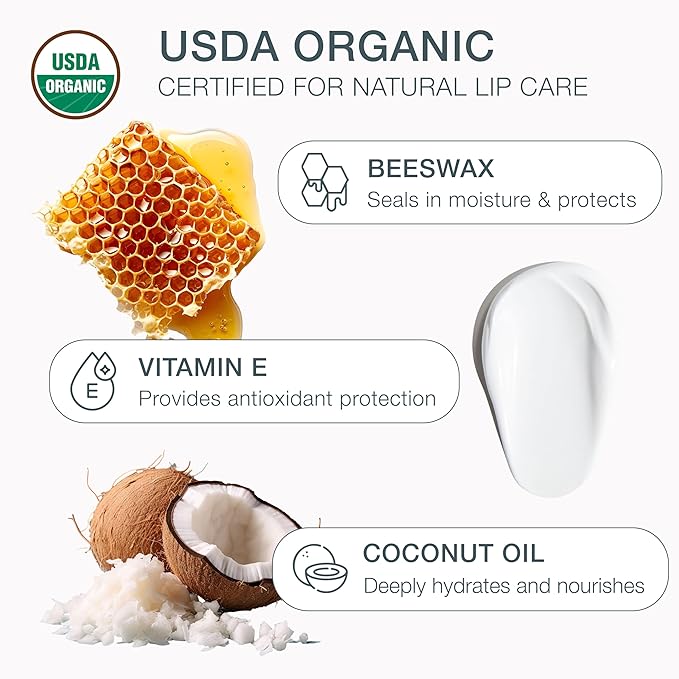 USDA Organic Lip Balm Variety 4-Pack by Bambalo – Beeswax, Coconut Oil, Vitamin E – Lip Repair Chapstick for Dry Cracked Lips – Moisturizing Care for Men and Women